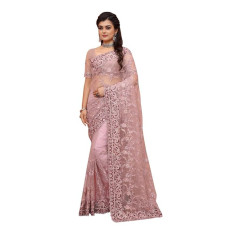 Manu Fashion Era Lavender Sequence Resham Zari Embroidered Border Work Net Saree Sari For Women and Girls with Attach Blouse Piece