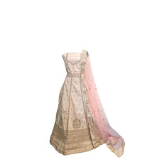 Women's Designer Cotton Silk Beige Lehenga Choli Embellished with Golden Metal Zari Work and Light Pink Dupatta Set